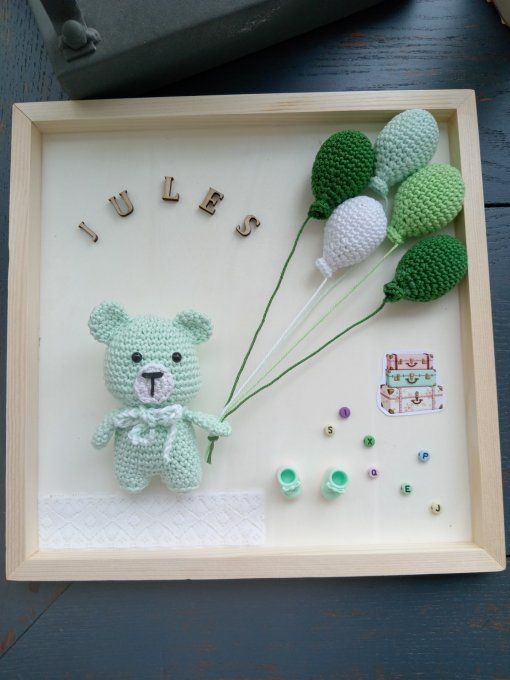 TABLEAU DE NAISSANCE OURSON AU CROCHET A PERSONNALISER, LE PRENOM ET LA COULEUR, DIM 30X30
