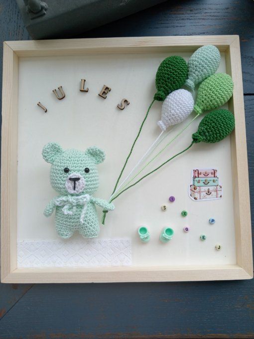 TABLEAU DE NAISSANCE OURSON AU CROCHET A PERSONNALISER, LE PRENOM ET LA COULEUR, DIM 30X30