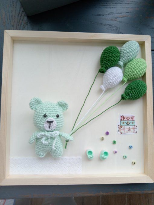 TABLEAU DE NAISSANCE OURSON AU CROCHET A PERSONNALISER, LE PRENOM ET LA COULEUR, DIM 30X30